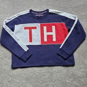 Vintage Tommy Hilfiger Women's Navy Blue Colorblock Sweatshirt, Size Medium